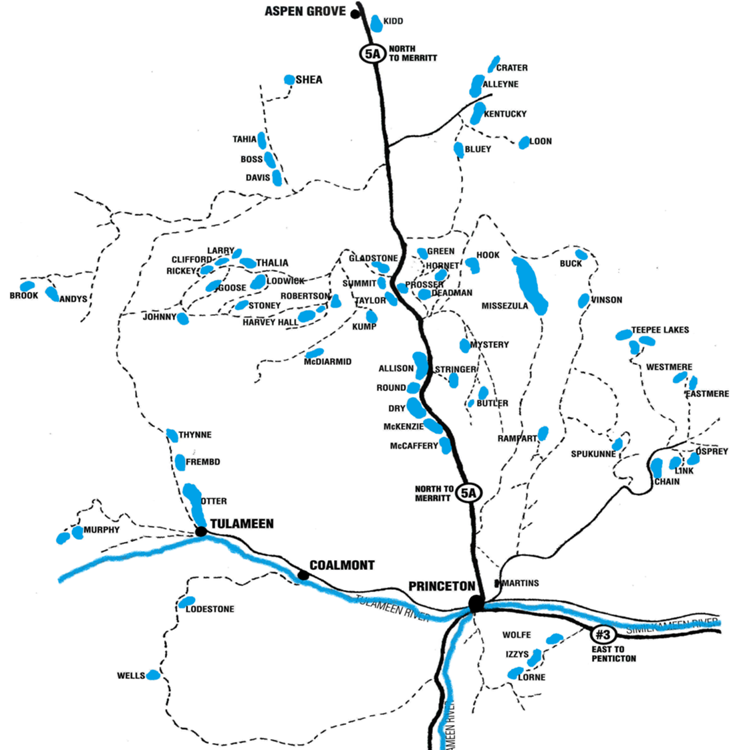 Map of Fishing Lakes in Princeton BC